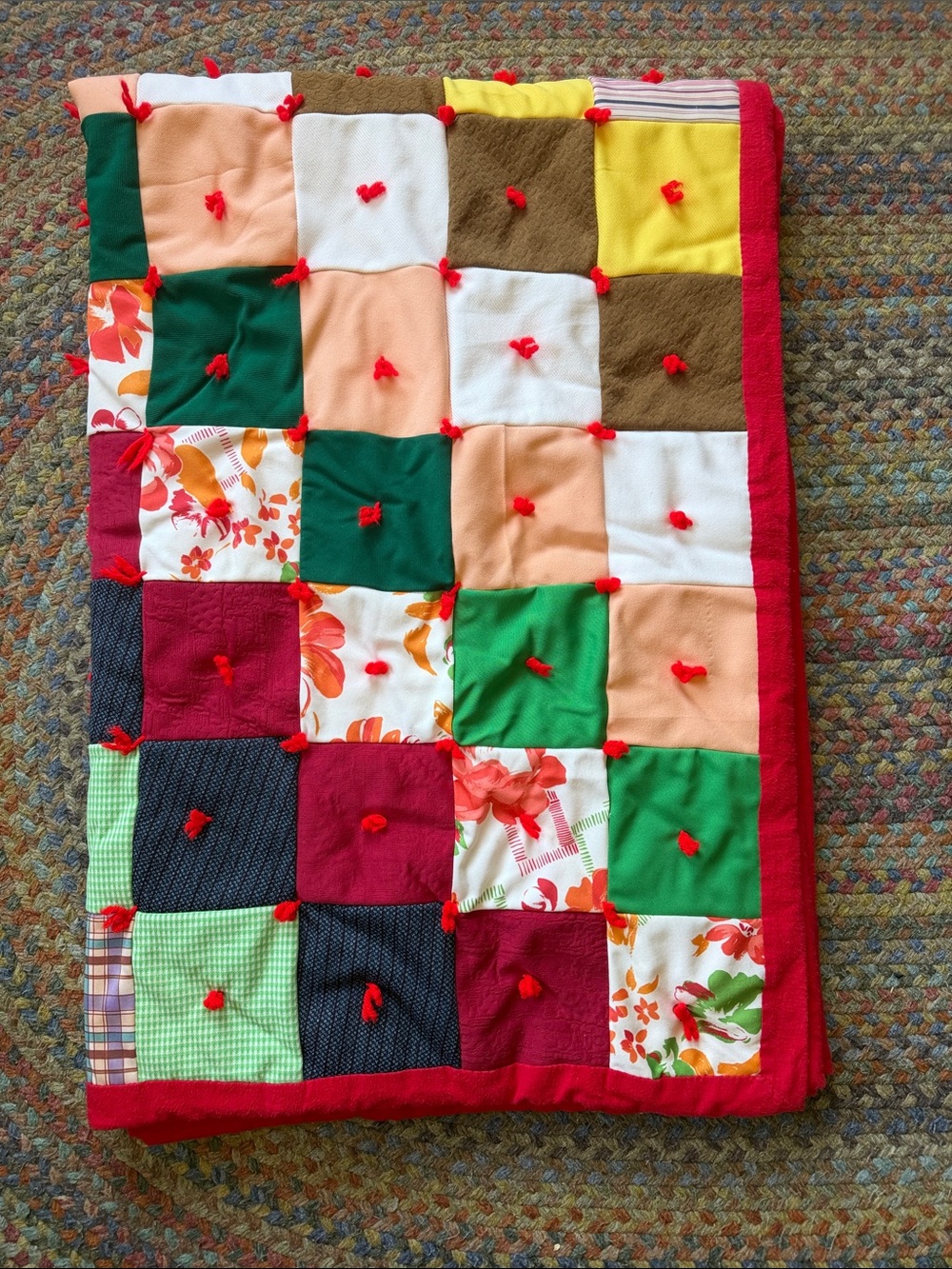 VTG Handmade Granny Square Patchwork Twin Bed Throw Blanket Quilt